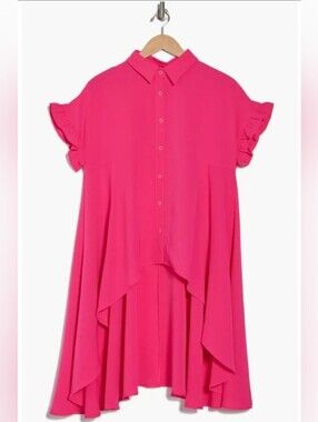 Patrizia Luca Chic High Low Ruffle Flutter Sleeve Button Up Vibrant Pink Blouse